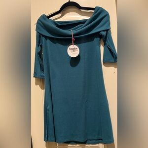 Hayden Teal Off Shoulder Ribbed Boho Tunic Top Dress Womens Size L NWT